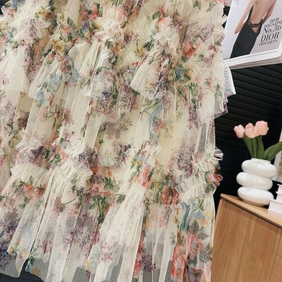 Romantic Floral Print Layered Tulle Skirt - Picture 6 of 11
